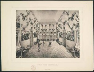 Hauptsäle des königl. Jagdschlosses Moritzburg. Gezeichnet von Paul Schulze. Dresden, 1897. Album mit Drucken nach Zeichnungen, Blatt V, Stein- oder Entrèesaal, 36,3 x 28,0 cm (Blattformat). Dresden: SLUB Hist.Sax.H.70.m