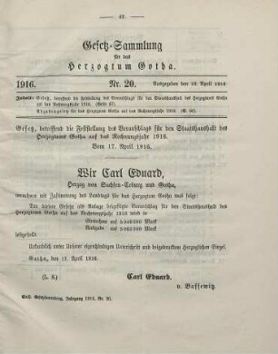 20. Gesetz, betreffend die Feststellung des Voranschlags für den Staatshaushalt des Herzogtums Gotha auf das Rechnungsjahr 1916. Vom 17. April 1916