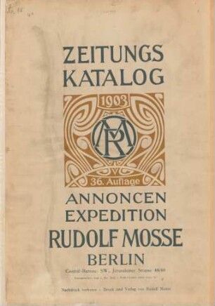 36. Auflage (1903): Zeitungskatalog Rudolf Mosse, Annoncen-Expedition / Annoncen-Expedition Rudolf Mosse <