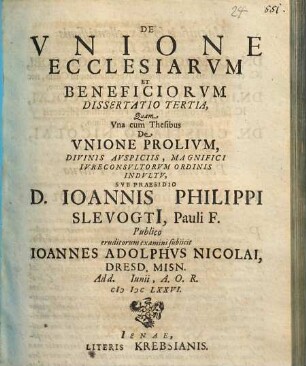 De Unione Ecclesiarum Et Beneficiorum Dissertatio Tertia