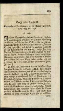 Sechzehnter Abschnitt. Spangenbergs Verrichtungen in der Unitäts-Direction. Vonn 1775 bis 1782. §. 228. - §. 240.