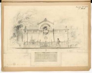 Erbbegräbnis Frenkel auf dem jüdischen Friedhof, Berlin-Weißensee Monatskonkurrenz September 1882. (1. Wettbewerb): Grundriss, Aufriss Vorderansicht; Maßstabsleiste
