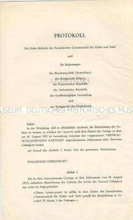 Protokoll zum Abkommen über Ausweise der Montanunion vom 18. August 1953 in verschiedensprachigen Ausfertigungen