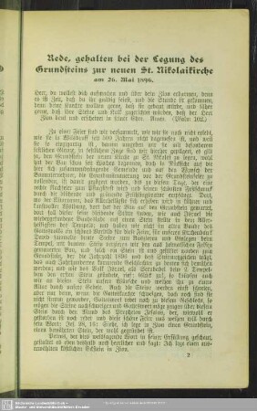 Rede, gehalten bei der Legung des Grundsteins zur neuen St. Nikolaikirche, am 26. Mai 1896