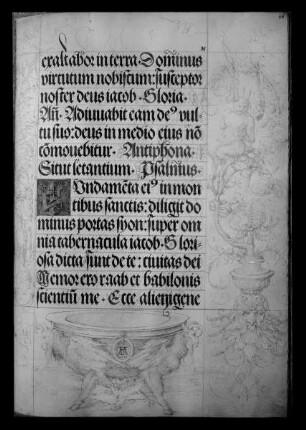 Gebetbuch Kaiser Maximilians I. — Aufgehängter Satyr in Rankenzweig; unten Kessel mit brennenden Scheiten, Folio 46recto