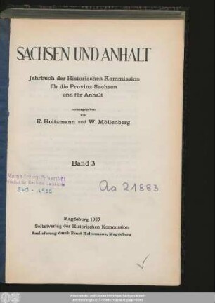 3.1927: Sachsen und Anhalt : Jahrbuch der Historischen Kommission für Sachsen-Anhalt
