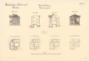 Schlachthof und Viehmarkt, Breslau Polizei-Schlachthof: Verwaltungsgebäude: Grundriss Kellergeschoss Erdgeschoss 1. Obergeschoss Querschnitt Längsschnitt Vorderansicht und Seitenansicht 1:100