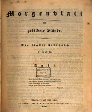 Morgenblatt für gebildete Stände. 30,2. 1836