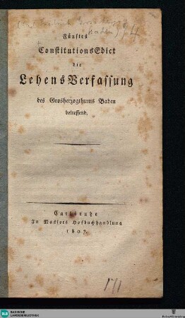 5: Die LehensVerfassung des Grosherzogthums Baden betreffend