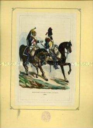 Uniformdarstellung, Dragoner und Dragoner-Sappeur zu Pferd, Frankreich, 1809. Tafel 23 aus: Bellangé: Die Soldaten der französischen Republik und des Kaiserreichs.