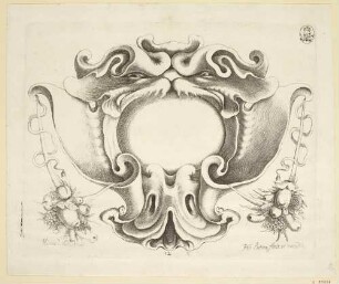 Kartusche mit zwei Masken und Fruchtgehänge, Blatt 11 aus der Serie "Verscheide Snakeryen"