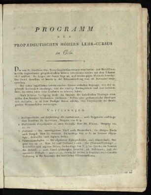 Programm der Propaedeutischen Höhern Lehr-Cursus in Cöln 1815