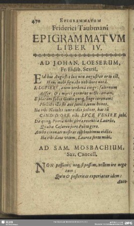 Friderici Taubmani Epigrammatum Liber IV