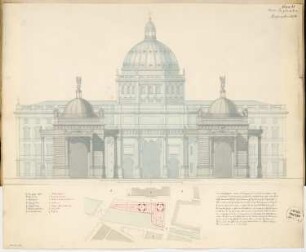 Umgestaltung der Schlossfreiheit, Berlin Monatskonkurrenz September 1874: Lageplan mit Grundriss, Aufriss Spreeansicht; 2 Maßstabsleisten, Erläuterungstext