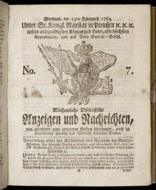 No. 7. Montags, den 13ten Februarii 1764.