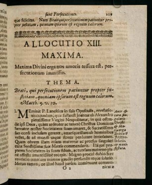 107-115, Allocutio XIII. Maxima. Maxima Divini erga nos amoris tessera est, persecutionum immissio