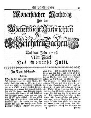 Monathlicher Nachtrag [...] Auf das Jahr 1776. VIItes Stück Des Monaths Julii