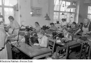 Industrienäherinnen an Naumann-Nähmaschinen in der Deutschen Handelszentrale Leder