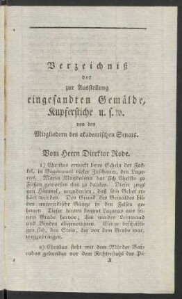 Verzeichniß der zur Aussellung eingesandten Gemälde, Kupferstiche u.s.w. von den Mitgliedern des akademischen Senats