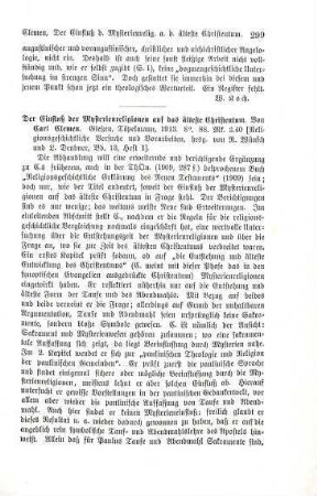299-300 [Rezension] Clemen, Carl, Der Einfluss der Mysterienreligionen auf das älteste Christentum