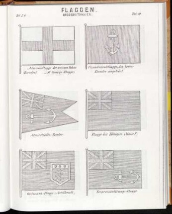 Taf. 19. Admiralsflagge der weissen Fahne. (Escadre) - (St Georgs-Flagge.) - Vizeadmiralsflagge, die keiner Escadre angehört. - Admirals-Tender. - Flagge der Königin. (blaue F.) - Ordonanz-Flagge. (Artilleriefl.) - Verproviantirungs-Flagge.