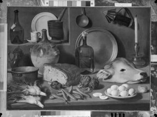 Stilleben mit Gemüse, Brot, Kalbskopf und Küchengerät