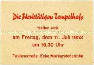 Handzettel der SED Tempelhof mit dem Aufruf zu einer Demonstration anlässlich der II. Parteikonferenz der SED