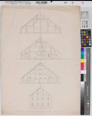 Ostfriesland ostfriesisches Bauernhaus Vorder- und Hinteransicht, Schnitte 2.H. 19.Jh. 70 Fuß = 23,1 cm 66 x 48 Zeichnung Landsberg-Velen Nr. 328