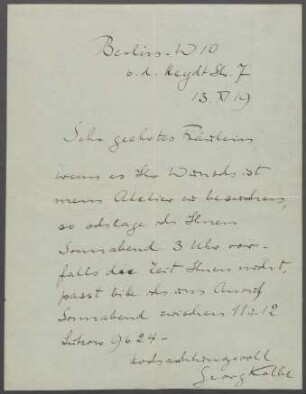 Brief von Georg Kolbe an Bertel Uhlenburg