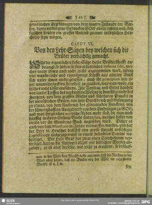 Caput VI. Von den Lehr-Sätzen bey welchen sich die Brüder verdächtig gemacht