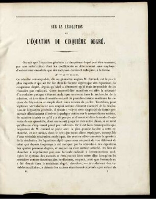 Sur la résolution de l´equation du cinquième degré.