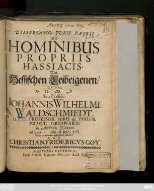 Dissertatio Juris Patrii De Hominibus Propriis Hassiacis