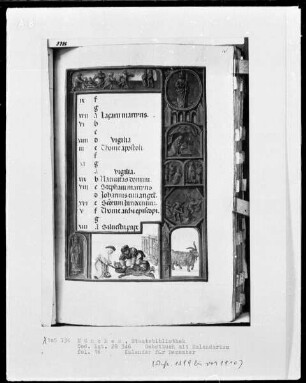 Gebetbuch mit Kalendarium — Buchseite mit Monatsbild Dezember und Tierkreiszeichen, Folio 16recto