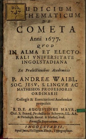 Iudicium mathematicum de cometa anni 1677