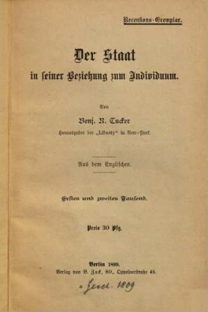 Der Staat in seiner Beziehung zum Individuum : aus dem Englischen