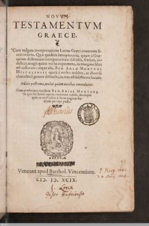 Novvm Testamentvm Graece : cum vulgata interpretatione Latina Graeci contextus lineis inserta