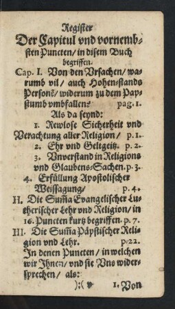 Register Der Capitul und vornembsten Puncten/ in disem Buch begriffen.