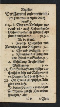 Register Der Capitul und vornembsten Puncten/ in disem Buch begriffen.