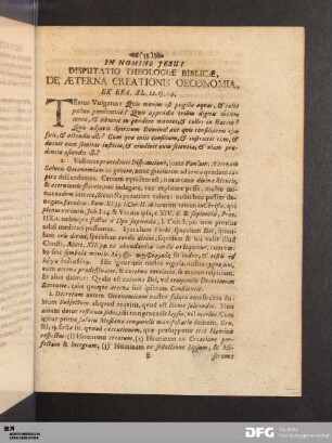Disputatio Theologiae Biblicae, De Aeterna Creationis Oeconomia.