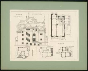 Wohnhaus Emserallee 35, Dresden-Blasewitz; Villa Neue Weltgasse 5b, Wien; Villa Schmidt, München-Obersendling: Grundrisse und Ansicht (aus: Moderne Villen in Meisteraquarellen, hrsg. von Gebr. R. Völkel, 1903-04)