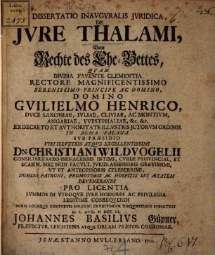 Dissertatio Inavgvralis Jvridica, De Jvre Thalami : = Vom Rechte des Ehe-Bettes