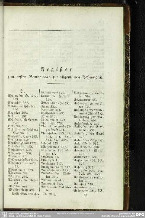 Register zum ersten Bande oder zur allgemeinen Technologie