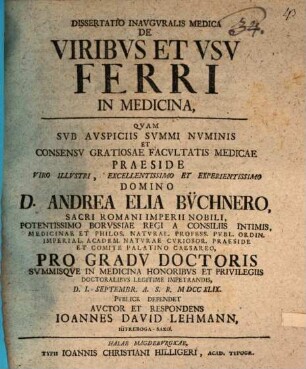 Diss. inaug. med. de viribus et usu ferri in medicina