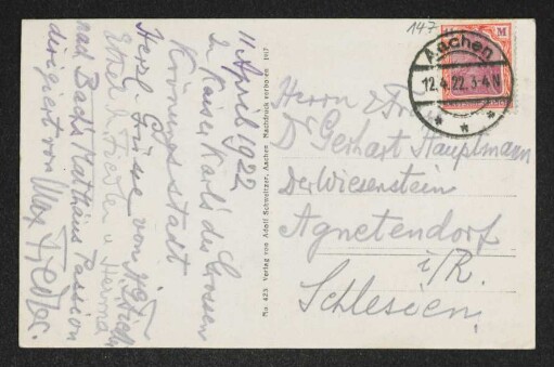 Brief von Hermann Georg Fiedler, Herma Fiedler und Ethel Mary Fiedler an Margarete Hauptmann und Gerhart Hauptmann