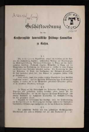 Geschäftsordnung für die Großherzogliche kameralistische Prüfungs-Kommission zu Gießen