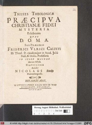 Theses Theologicae Praecipua Christianae Fidei Mysteria Exhibentes