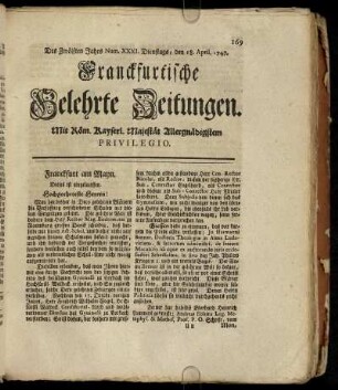 Num. XXXI. Dienstags, den 18. April. 1747 - Num. XL. Freytags, den 19. May. 1747