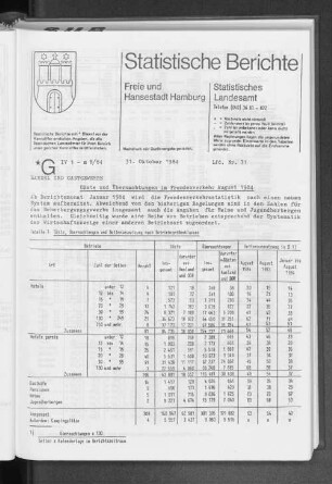 Gäste und Übernachtungen im Fremdenverkehr August 1984 : Lfd. Nr. 71