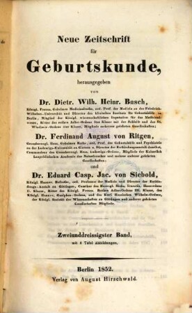 Neue Zeitschrift für Geburtskunde. 32,3, 32,3. 1852