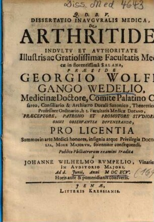Dissertatio Inavgvralis Medica, De Arthritide